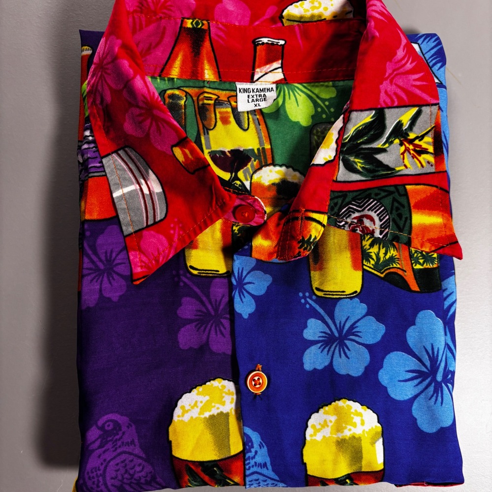 King Kameha Hawaiian Shirt Mens XL Beer‎ AOP Tencel Colorblock Tropical Party